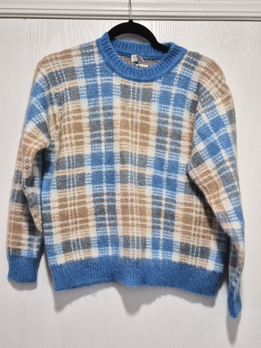 Sandro Womens Poesa Blue Plaid Mohair Blend Crewneck Sweater Size 1 - Picture 3 of 10